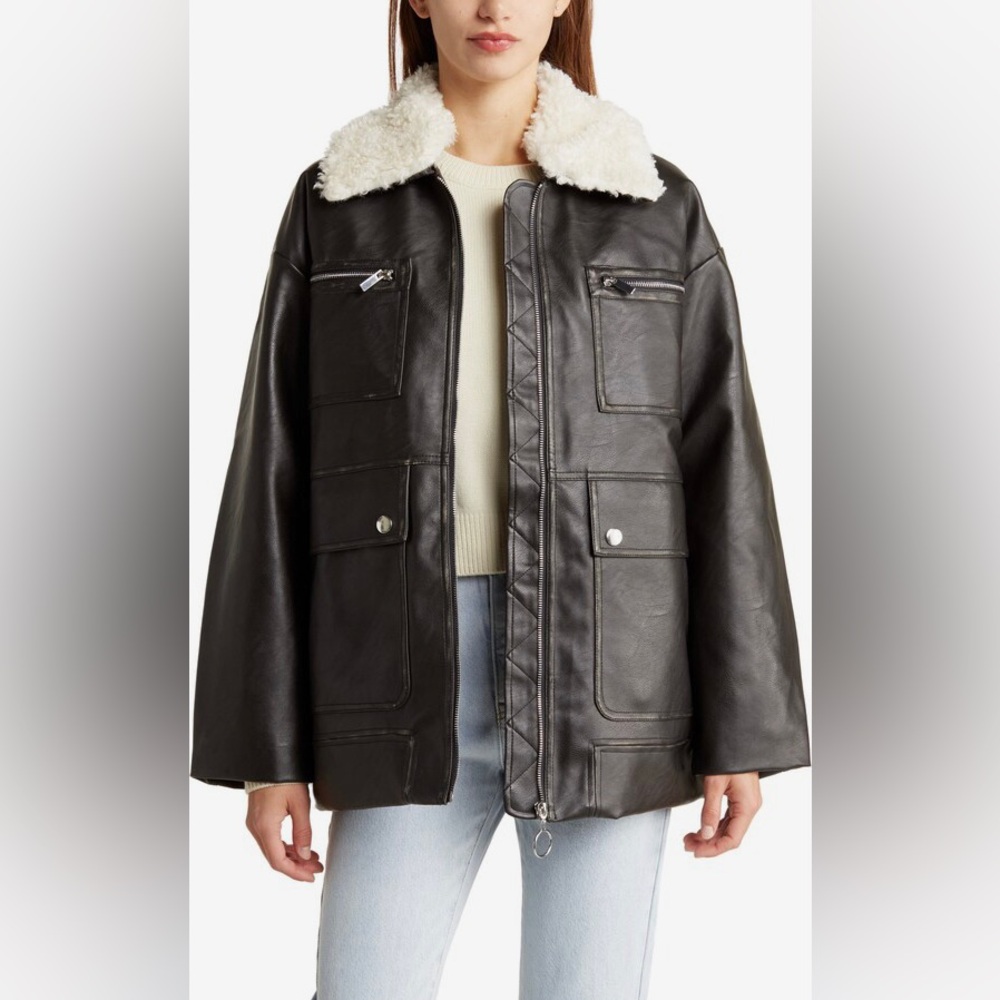 NEW! WeWoreWhat Long Vegan Leather Sherpa Collar Jacket Size M